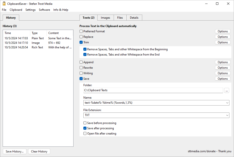 ClipboardSaver - Change and Save Text Content from the Clipboard - Screenshot