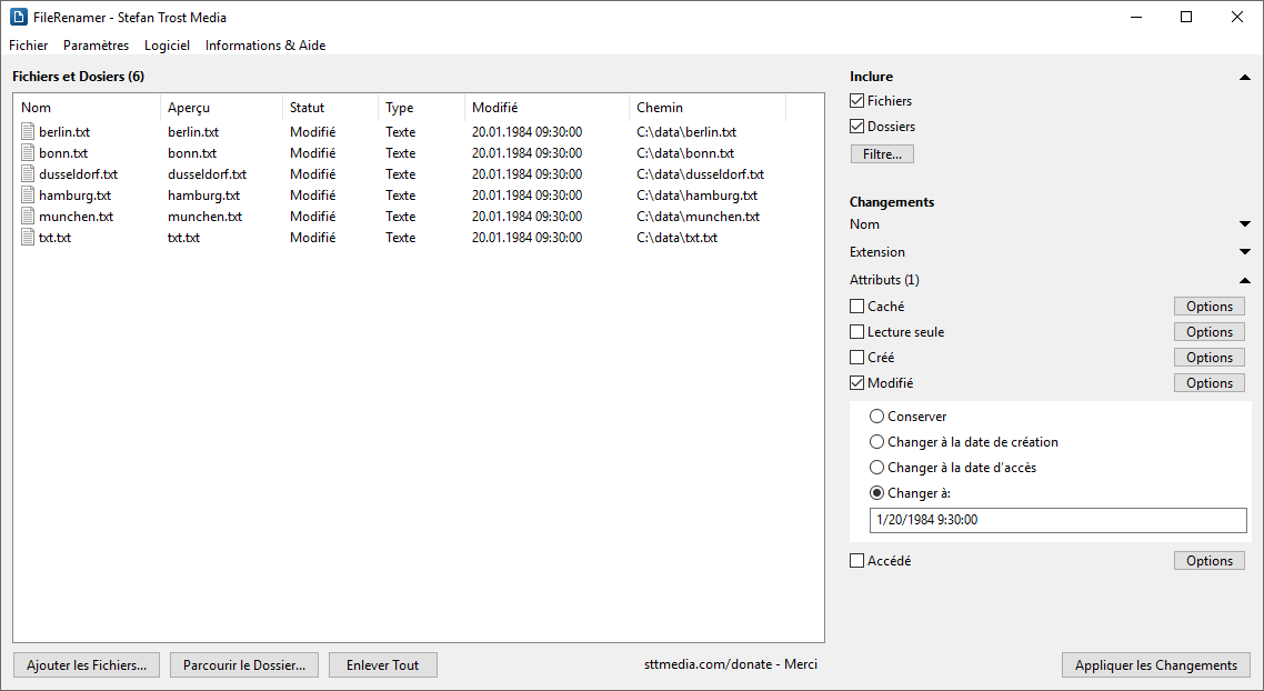FileRenamer - Modifier les Attributs des Fichiers - Capture d’écran