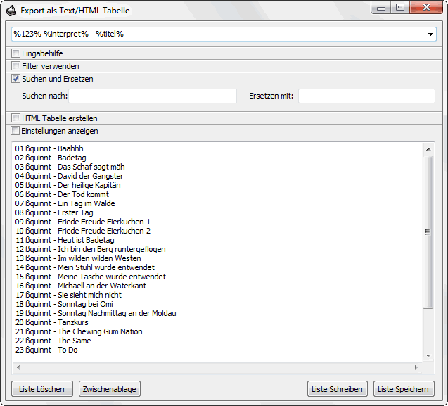EasyMusicPlayer - Export als Text- oder HTML-Liste - Screenshot