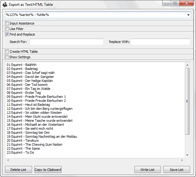 EasyMusicPlayer - Exportar como Lista de Texto o HTML - Captura de Pantalla