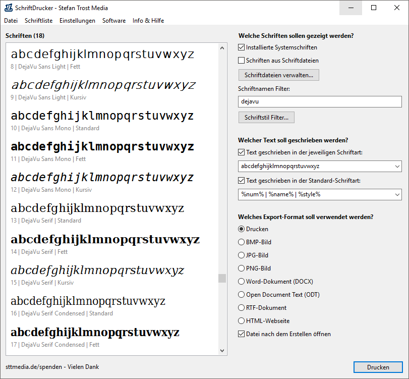 SchriftDrucker - Filter und Schriftvarianten - Screenshot