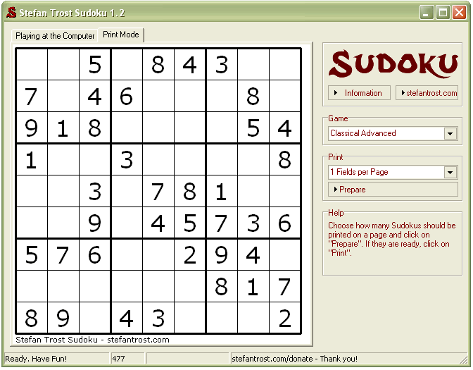 Sudoku - Mode d’Impression - Capture d’écran
