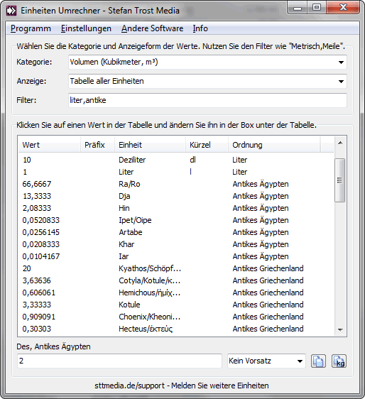 EinheitenUmrechner - Tabelle mit Einheiten - Screenshot