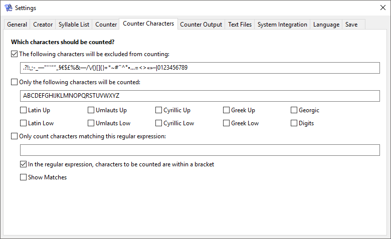 WordCreator - Counter Settings - Characters - Screenshot