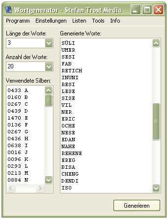 Wortgenerator Screenshot Hauptprogramm
